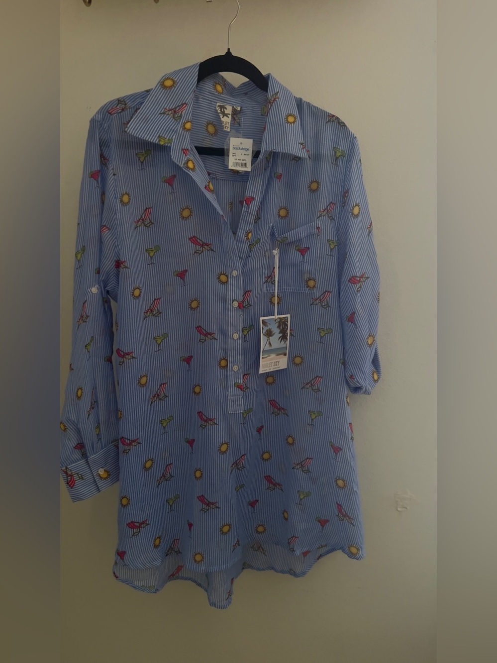 Women Blue Striped Resort Shirt with Sun & Bird Print
